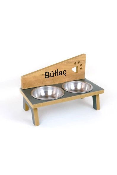 RealWood Özel Isim Baskılı, Ahşap, Çelik Kâseli Kedi- Köpek Mama Ve Su Kabı - 2*350 Ml. - 4