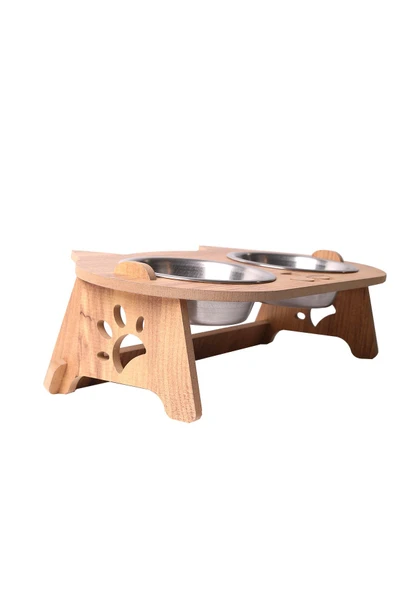 RealWood Kedi Su Ve Mama Kabı Standı - Ahşap Mdf - Eğimli Kedi Kafa Modeli - Çelik Kase - 2*350ml - 5