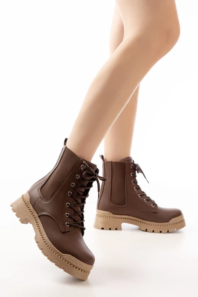 2051-298 Kahverengi Düz Topuklu Bağcıklı Lastikli Günlük Kadın Bot - 2