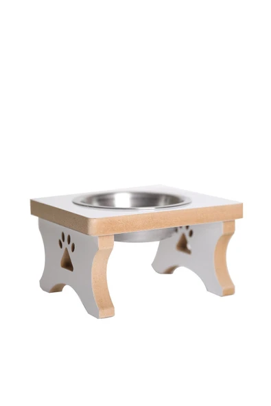 RealWood Köpek Su & Mama Kabı Standı - Orta - Küçük Irk - Beyaz MDF - Tekli Model - Çelik Kase-400ml