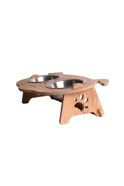 RealWood Köpek Su Ve Mama Kabı Standı - Ahşap Mdf - Eğimli Köpek Modeli - 2'li - Çelik Kase - 2*350ml - 4