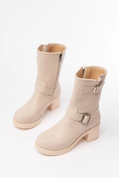 5109-3043 Bej Toka Aksesuarlı Fermuarlı Kalın Topuklu Günlük Kadın Bot - Resim 4