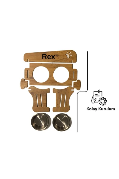 RealWood Özel Isim Baskılı, Ahşap, Kademeli, Eğimli, Çelik Kaseli, Kedi-köpek Mama Ve Su Kabı Stantı - Resim 6