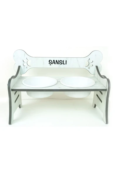 RealWood Suya Dayanıklı Ahşap Özel İsim Baskılı Seramik Kaseli Kademeli Köpek Mama ve Su Kabı Stantı ürün görseli 1