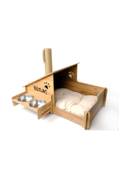 RealWood Özel Isimli, Ahşap, Çelik Kaseli, Tırmalama Çubuklu Açık-kapalı Kedi Ve Köpek Evi 4 In 1 - 4