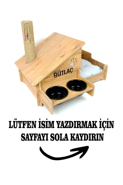 RealWood Çok Amaçlı Kedi Evi - Özel Isim Baskılı - Ahşap Mdf - Siyah Seramik Kase 2*400 - Tırmalama Çubuklu