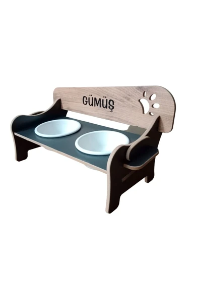 RealWood Özel İsimli Seramik Kaseli Ahşap Kedi-Köpek Mama ve Su Kabı Stantı - 3