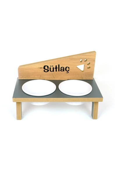 RealWood Özel Isimli Seramik Kaseli Kedi- Köpek Mama Ve Su Kabı Stantı-antrasit/meşe - 2*400 Ml. - 3