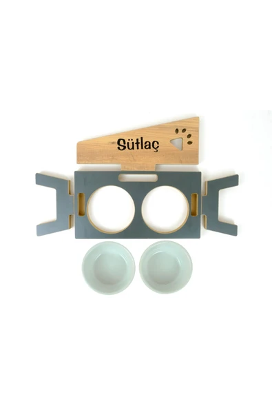 RealWood Özel Isimli Seramik Kaseli Kedi- Köpek Mama Ve Su Kabı Stantı-antrasit/meşe - 2*400 Ml. - 6