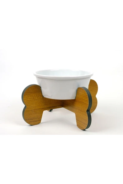 RealWood Suya Dayanıklı, Ahşap,Tekli,Seramik Kaseli Kedi-Küçük Irk Köpek Mama ve Su Kabı Stantı- 400 ml. - 2