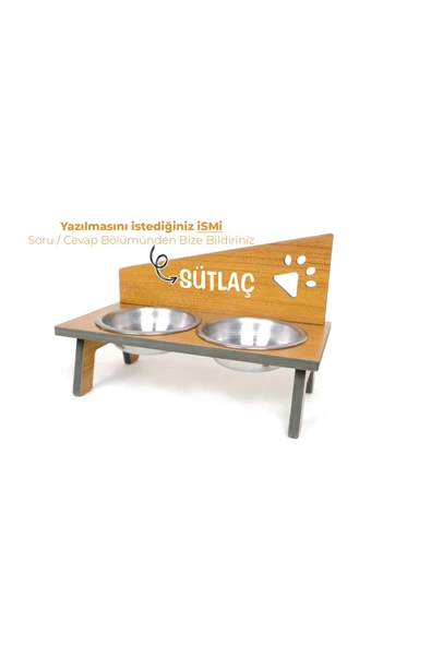 RealWood Suya Dayanıklı Ahşap Çelik Kaseli Özel isim Baskılı Kedi-Köpek Mama ve Su Kabı Stantı - 2
