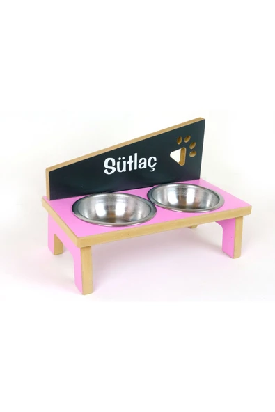 RealWood Kedi & Köpek Mama Kabı Standı-isim Baskılı-ahşap Mdf-pembe-antrasit-pençe Mod-Çelik Kase-2*400ml - 6