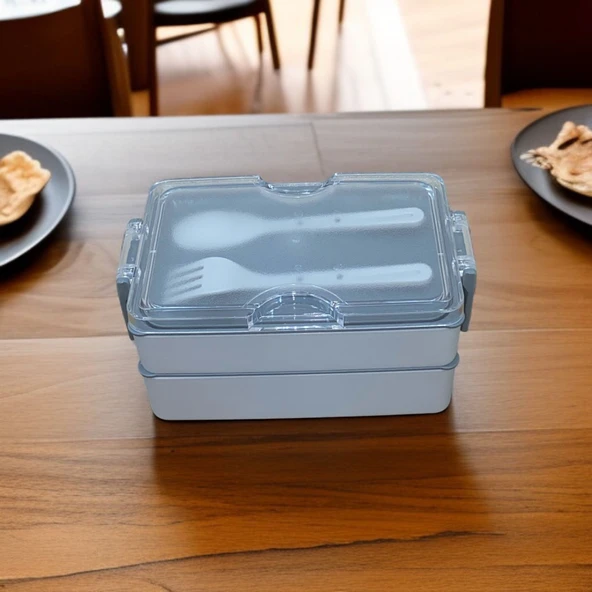 Dikdörtgen İki Katlı Gri Renk Beslenme Kutusu Saklama Kutusu - 2