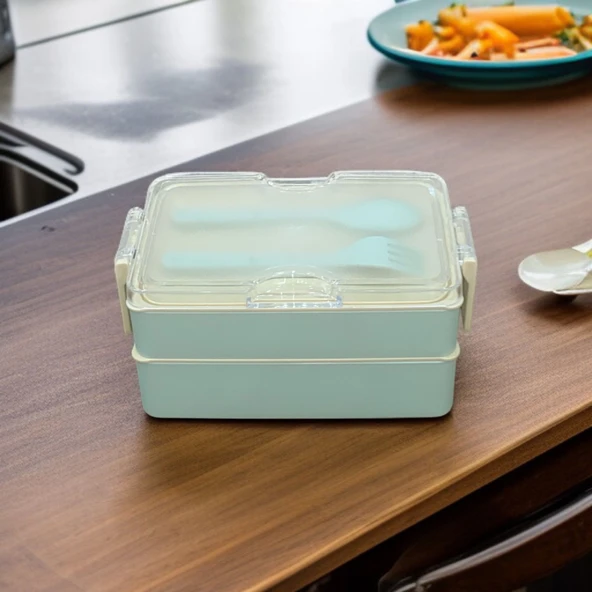 Dikdörtgen İki Katlı Lunch Box Açık Yeşil Renk  Beslenme Kutusu Saklama Kutusu - 2