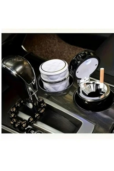 Kristal Pırlanta Taş Görünümlü Mavi Led Işıklı Lüx Oto Küllük Kapaklı Araç İçi Küllük Siyah - Resim 2