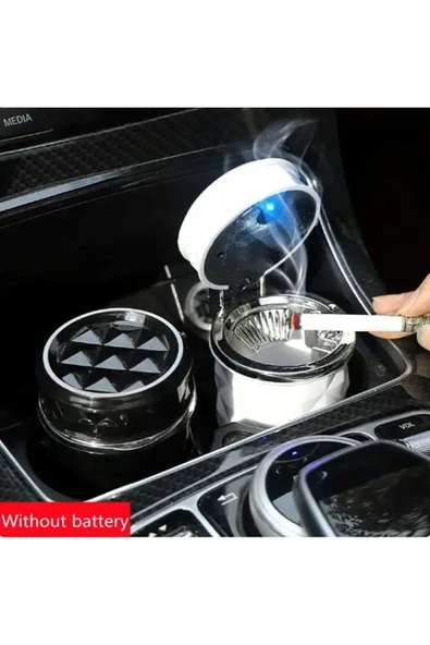 Kristal Pırlanta Taş Görünümlü Mavi Led Işıklı Lüx Oto Küllük Kapaklı Araç İçi Küllük Beyaz - Resim 3