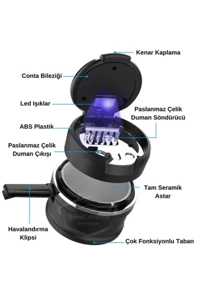 Porselen / Seramik Yanmaz Koku Geçirmez Işıklı Lüx Oto Küllük Dumansız Kapaklı Spor Araç İçi - Resim 2