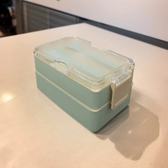 Dikdörtgen İki Katlı Lunch Box Açık Yeşil Renk Beslenme Kutusu Saklama Kutusu