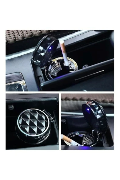 Kristal Pırlanta Taş Görünümlü Mavi Led Işıklı Lüx Oto Küllük Kapaklı Araç İçi Küllük Siyah ürün görseli