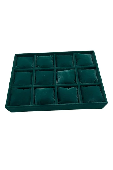 Tokyo Model Süet Kumaş Haki Yeşil Renk 12 Yastıklı Çekmece Ici Takı Kutusu - Resim 2