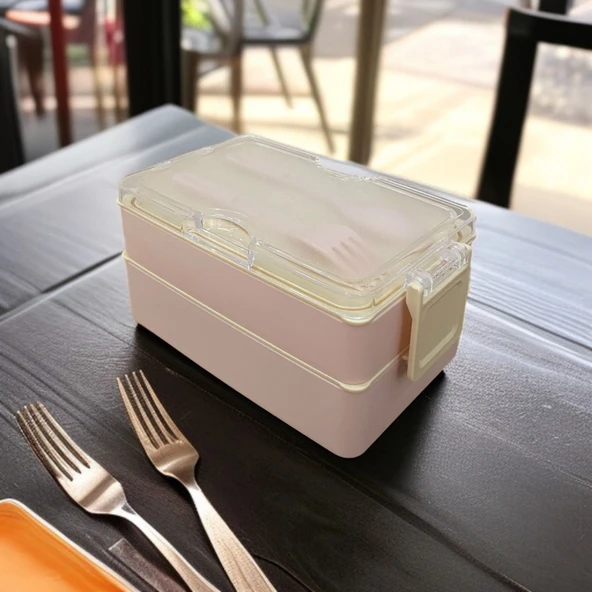 Dikdörtgen İki Katlı Lunch Box Pembe Renk  Beslenme Kutusu Saklama Kutusu