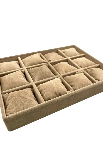 Tokyo Model Süet Kumaş Sütlü Kahve Renk 12 Yastıklı Çekmece İci Takı Kutusu - Resim 3