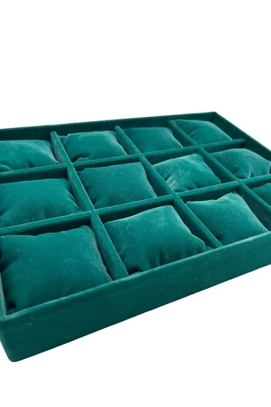 Tokyo Model Süet Kumaş Haki Yeşil Renk 12 Yastıklı Çekmece Ici Takı Kutusu - Resim 3