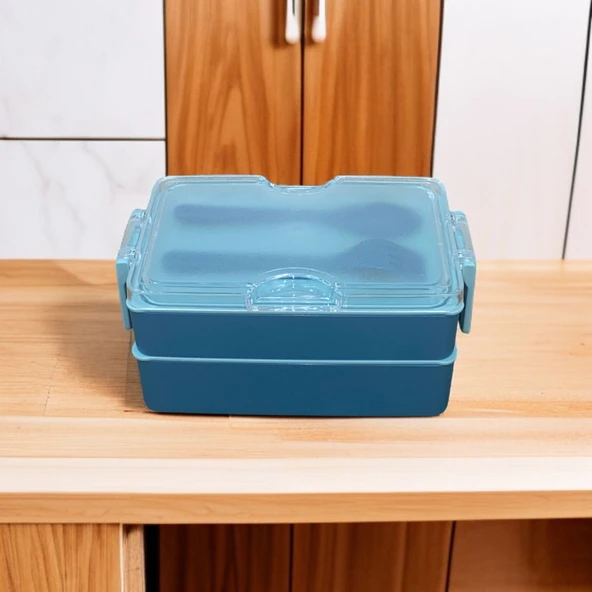 Dikdörtgen İki Katlı Lunch Box Mavi Renk Beslenme Kutusu Saklama Kutusu - 2