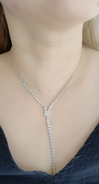 Gümüş Kaplama Zirkon Taşlı Çelik Y Kolye - 1
