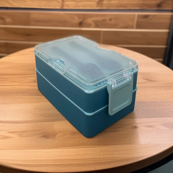 Dikdörtgen İki Katlı Lunch Box Mavi Renk Beslenme Kutusu Saklama Kutusu