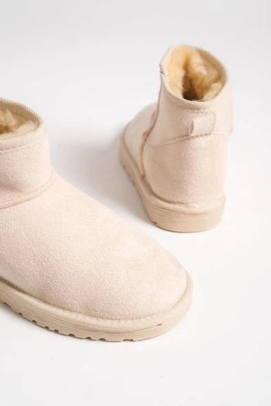 JET-JOLIE Bağcıksız Düz Taban İçi Kürklü Kısa Süet Kadın Bot SKT - Krem - Resim 5