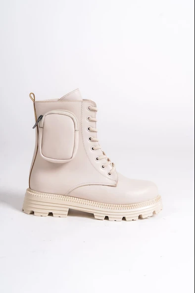 JET-GINA Bağcıklı Fermuarlı Ortopedik Taban Çantalı Kadın Bot  CKT - Krem - Resim 6