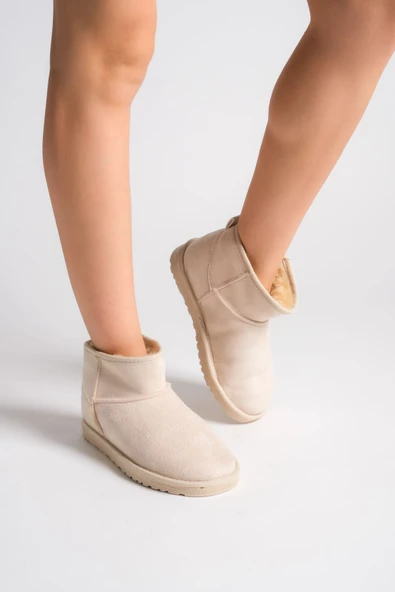 JET-JOLIE Bağcıksız Düz Taban İçi Kürklü Kısa Süet Kadın Bot SKT - Krem ürün görseli