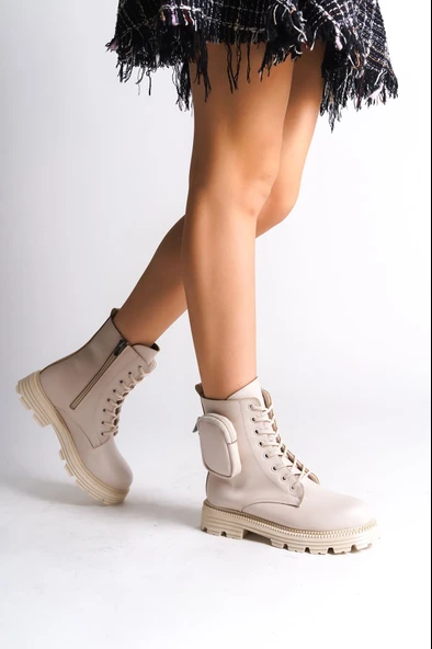 JET-GINA Bağcıklı Fermuarlı Ortopedik Taban Çantalı Kadın Bot  CKT - Krem - Resim 2