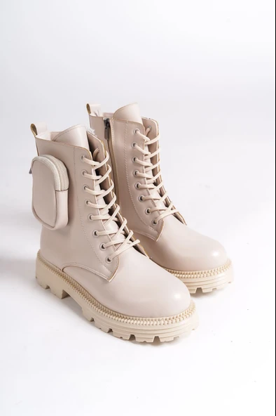 JET-GINA Bağcıklı Fermuarlı Ortopedik Taban Çantalı Kadın Bot  CKT - Krem - Resim 4