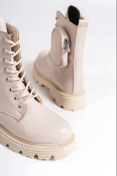 JET-GINA Bağcıklı Fermuarlı Ortopedik Taban Çantalı Kadın Bot  CKT - Krem - Resim 5