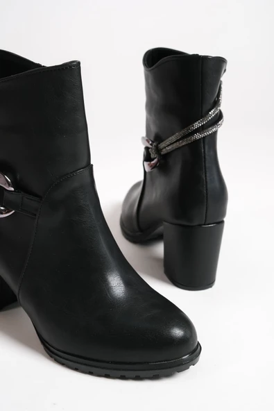 JET-EDNA Fermuarlı Ortopedik Taban Taşlı Topuklu Kadın Bot CST - Siyah - Resim 5