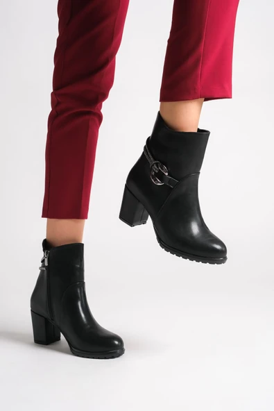 JET-EDNA Fermuarlı Ortopedik Taban Taşlı Topuklu Kadın Bot CST - Siyah - Resim 3