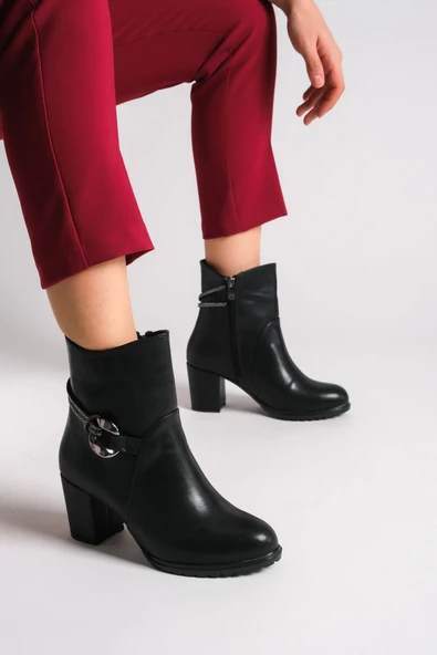 JET-EDNA Fermuarlı Ortopedik Taban Taşlı Topuklu Kadın Bot CST - Siyah ürün görseli