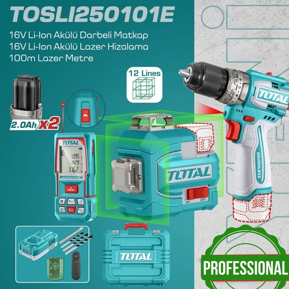 Total Akülü Set - Darbeli Matkap - Lazer Hizalama - Lazermetre - TOSLI250101E ürün görseli