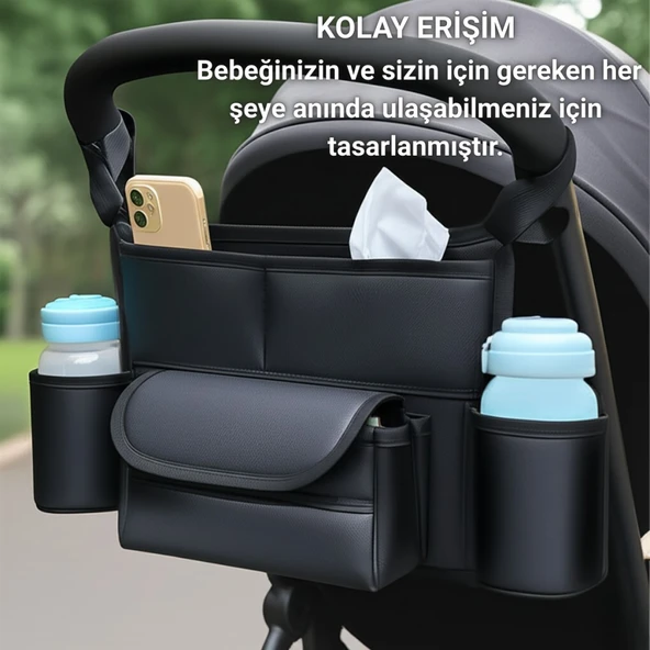 Polham Pratik 8 Bölmeli Çok Fonksiyonlu Bebek Arabası İçin Organizer Çanta, Biberen, Bez, Telefon Tutucu Çanta - 3