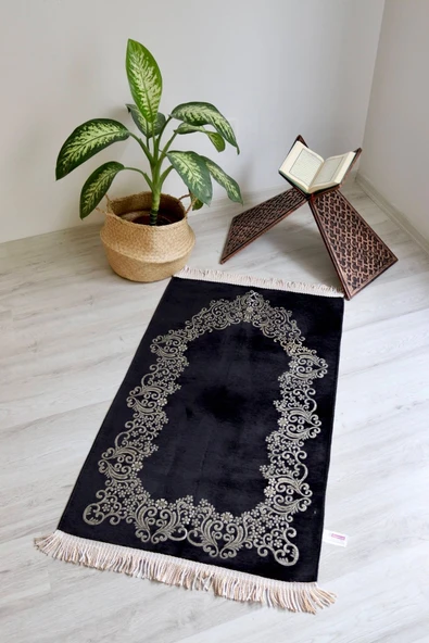 Çiçek Desenli Lüks Şönil Seccade S1007 Siyah - Resim 2