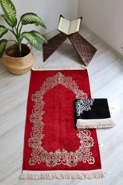 Çiçek Desenli Lüks Şönil Seccade S1007 Siyah - Resim 10