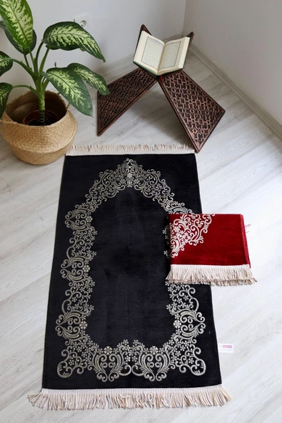 Çiçek Desenli Lüks Şönil Seccade S1007 Siyah - Resim 5