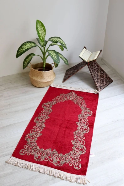 Çiçek Desenli Lüks Şönil Seccade S1007 Siyah - Resim 7