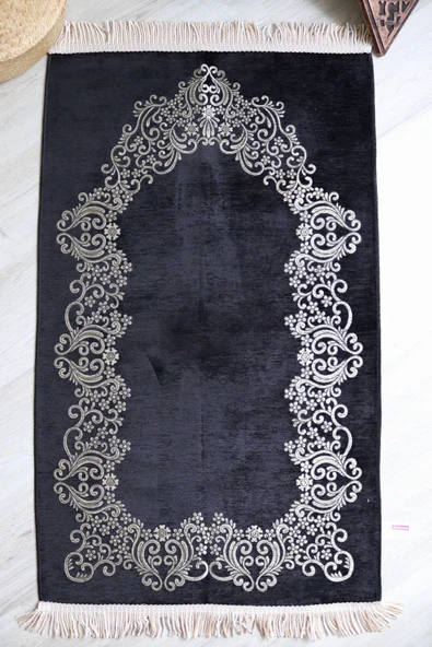 Çiçek Desenli Lüks Şönil Seccade S1007 Siyah - Resim 3