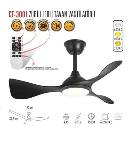 CATA Zürih Ledli Tavan Vantilatörü 40w Aydınlatma 70w Fan Kumandalı Dekoratif 3 Kanat - 2