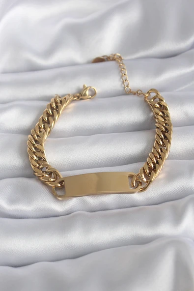 316L Çelik Gold Renk İsim Yazılabilir Plaka Model Kadın Bileklik ürün görseli 1