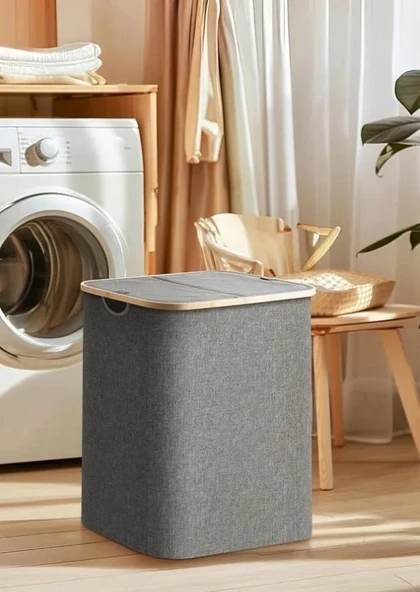 Katlanır Kumaş 100 Lt Bambu Çamaşır Sepeti 2 Bölmeli İçi Fileli Kirli Çamaşır Sepeti - 2