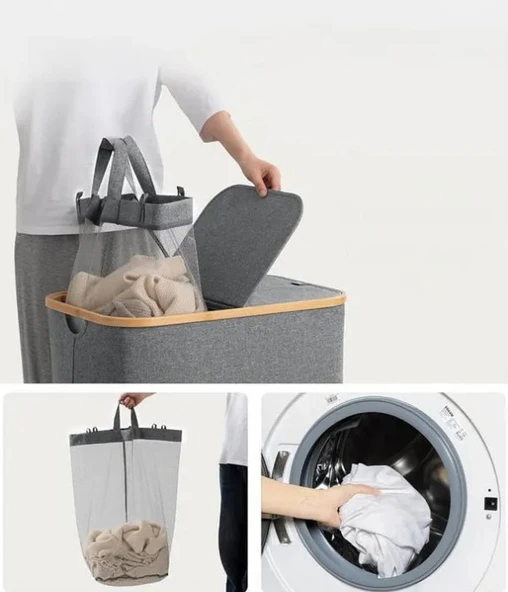 Katlanır Kumaş 100 Lt Bambu Çamaşır Sepeti 2 Bölmeli İçi Fileli Kirli Çamaşır Sepeti - 5